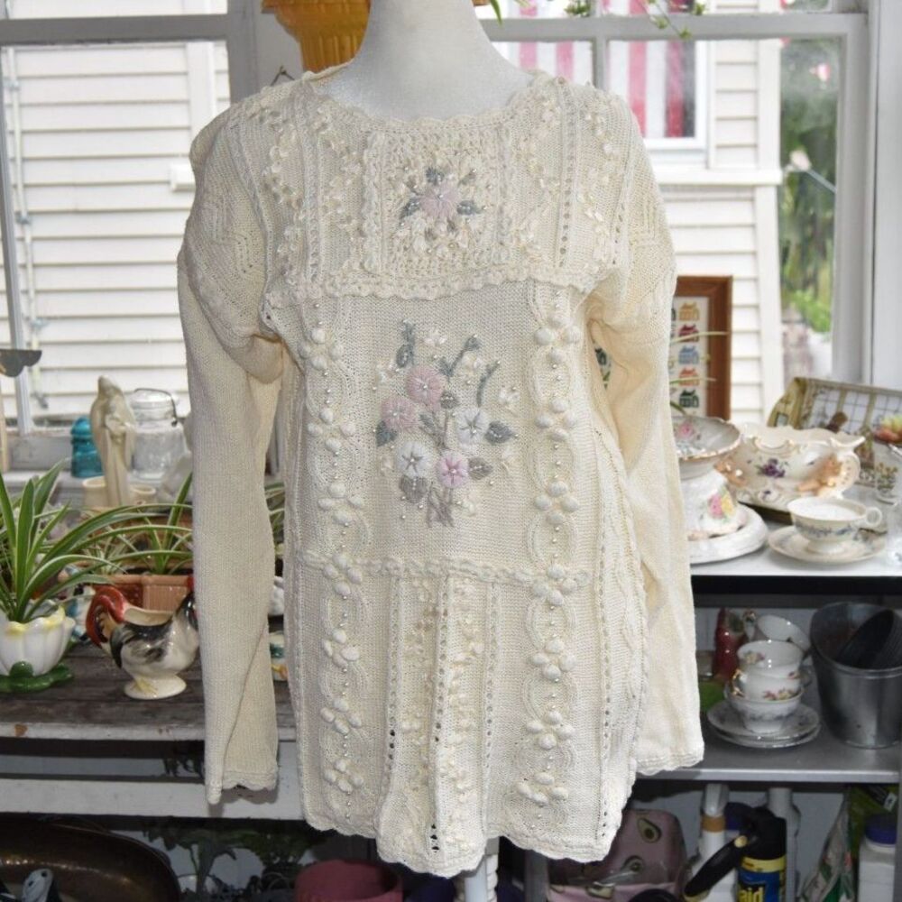 Vintage 80s Donna Scott Sweater M Ramie Cotton Floral Beaded Cottagecore
